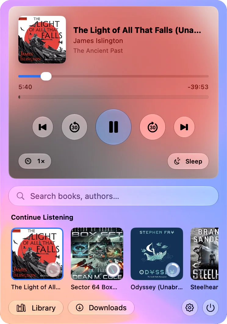 The Audibounce popover: now playing The Light of All That Falls with chapter scrubber, playback controls, search and Continue Listening.