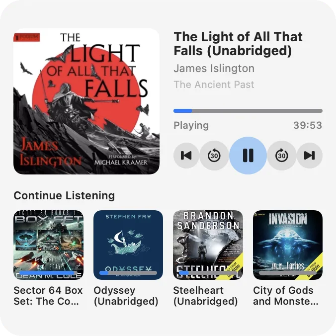 Large Audibounce widget with the playing book, controls and four Continue Listening covers.